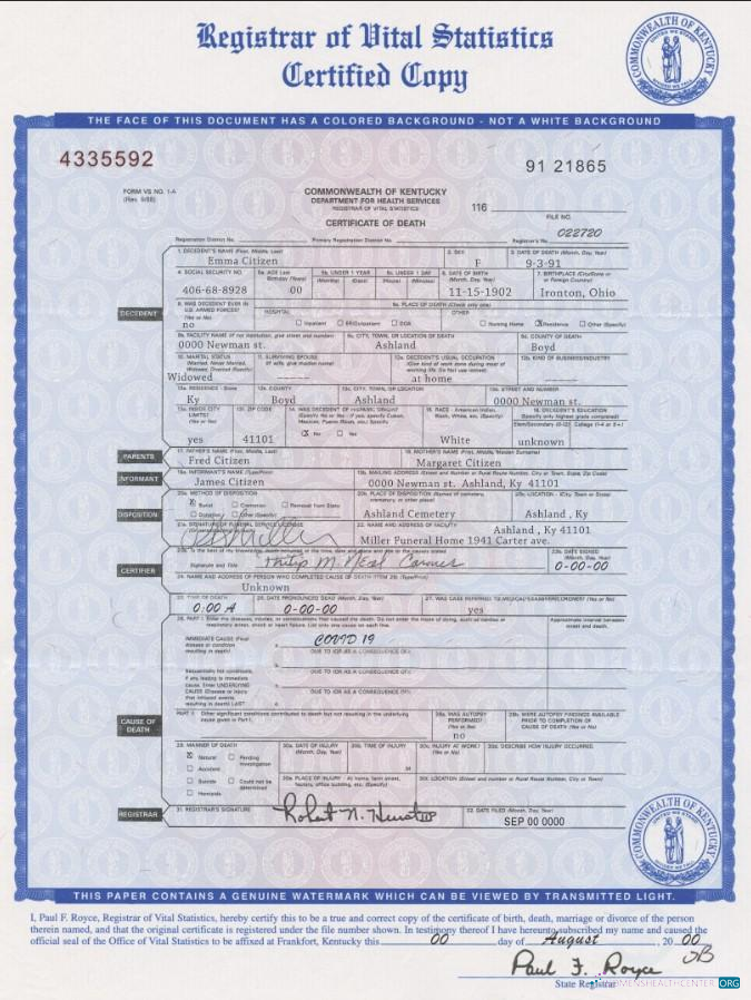 Download USA Kentucky state death certificate template in PSD format Photoshop template